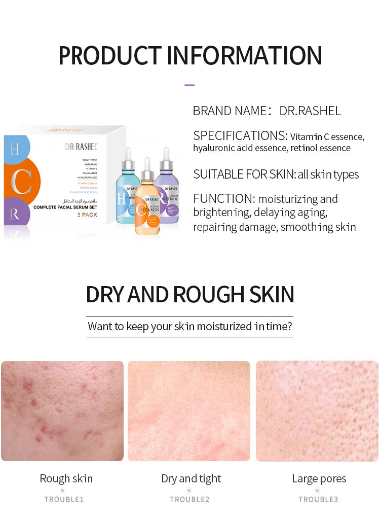 DR RASHEL Skin Care Complete Facial Serum Set Vitamin C Serum Essence Oil Serum Retinol Serum 3 Pack 30ml