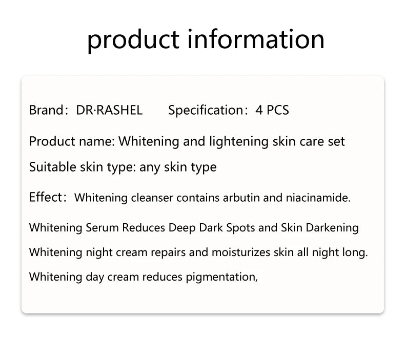 DR RASHEL Facial Cleanser Cream Serum Arbutin Niacinamide Dark Spots Removal Whitening Skin Care Face Set Kit 4 Pieces