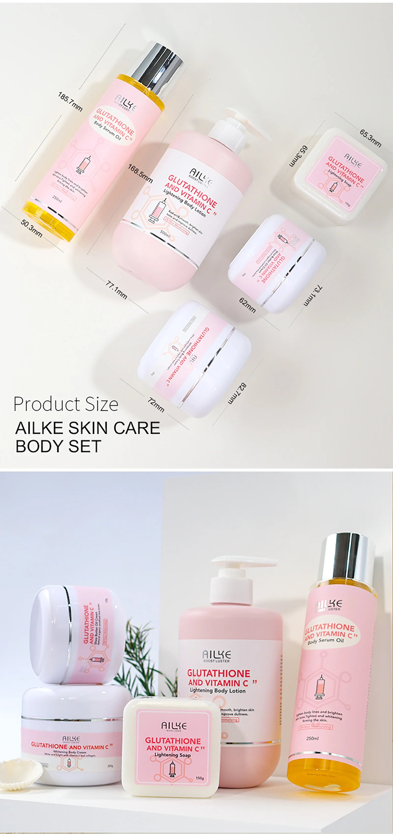 AILKE Glutathione & Vitamin C Kit,With Whitening Lotion,Moisturizing Cream,Lightening Soap, Spa Oil,Glowing Body Cream,Gift Set