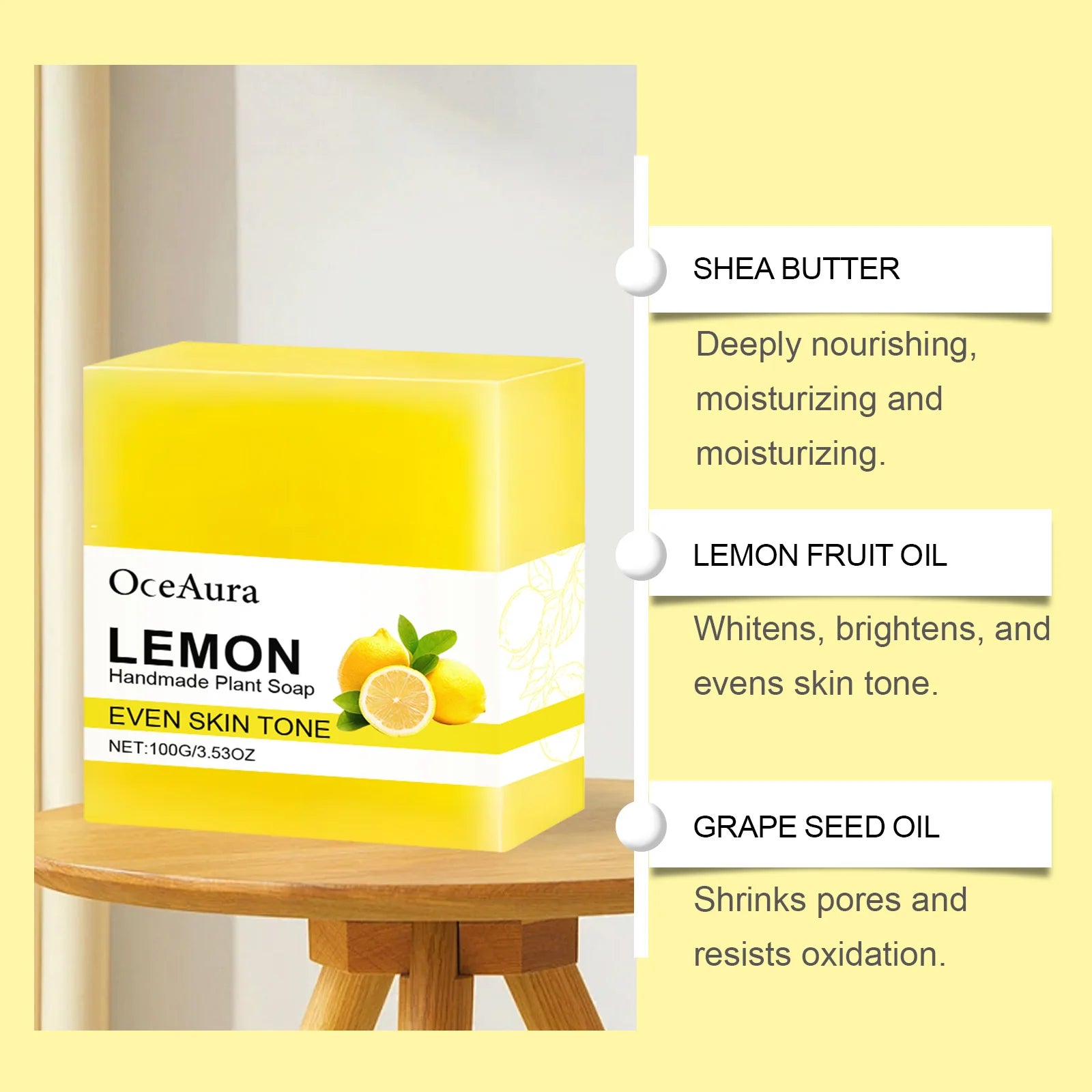 OCEAURA Luxury Lemon Handmade Essential Oil Soap Bar - Gentle Skin Cleansing Moisturizing & Brightening 3.35 OZ