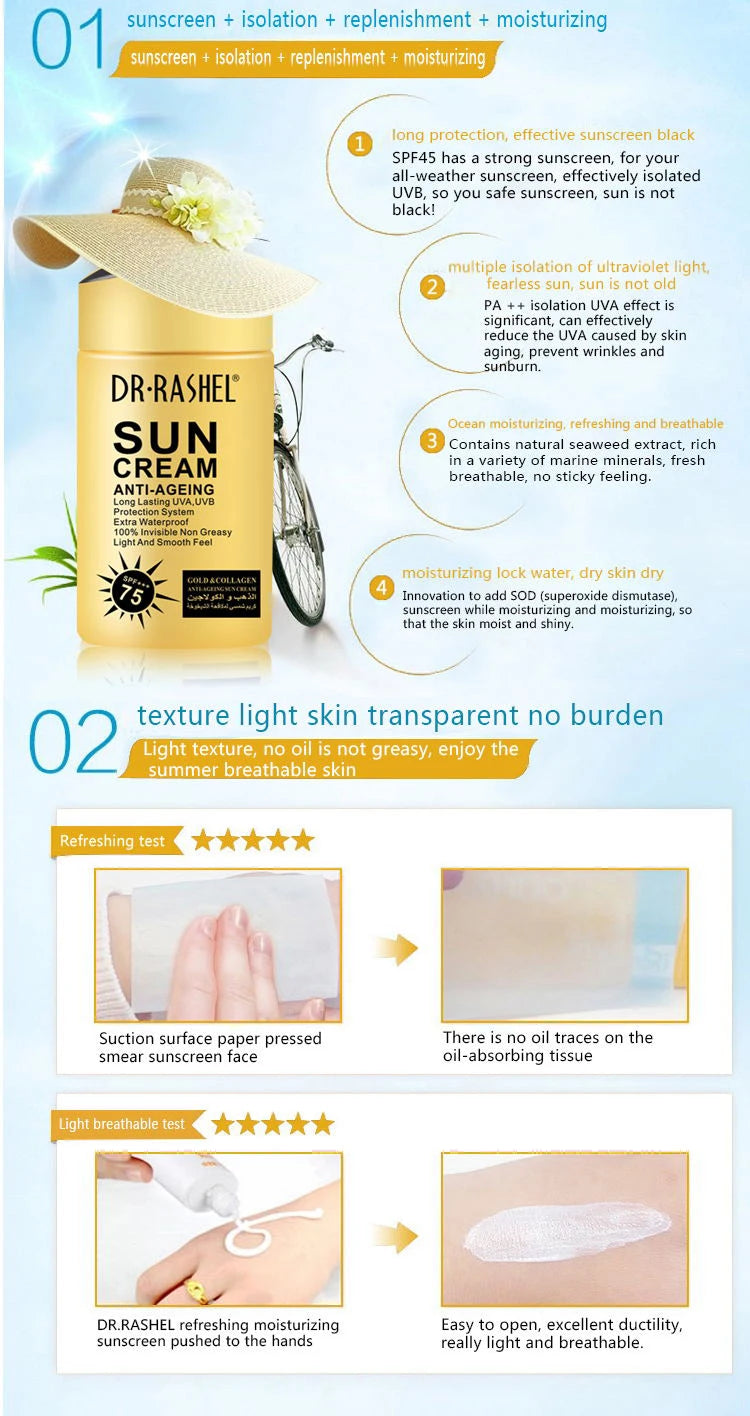 DR.RASHEL Sun Cream SPF100 75 60 PA+++ Anti-Aging UV Protector Waterproof Sunscreen Lotion Facial Body Sun Block Cream Cosmetics