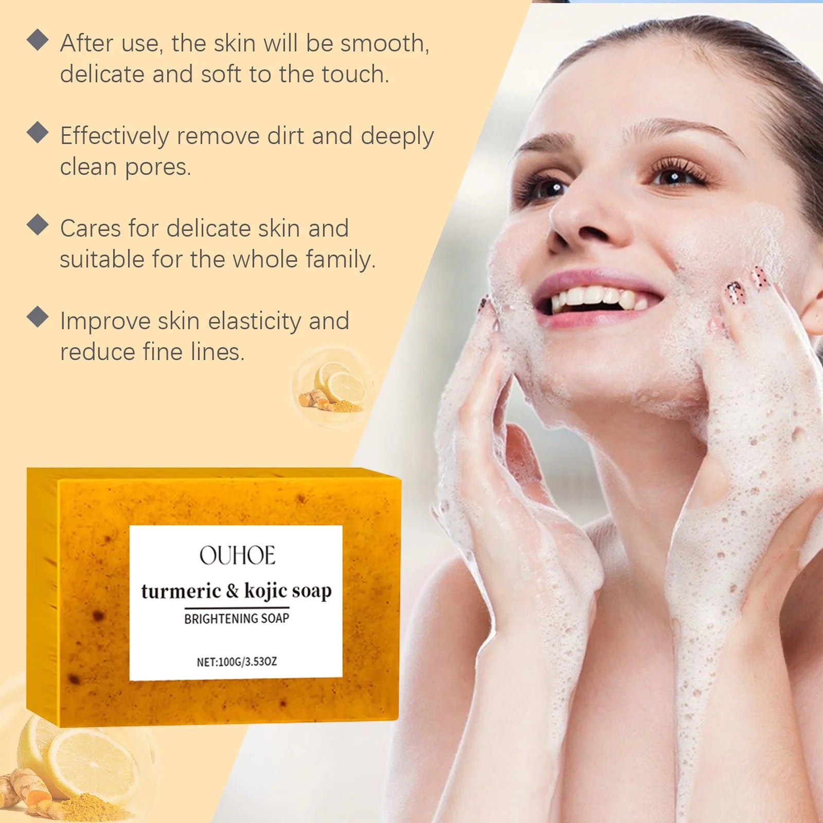 OUHOE Kojic Acid Turmeric Soap Face Deep Cleaning Even Skin Tone Skin Lightening Soap Moisturizer Skin Care Handmade Lemon Soap