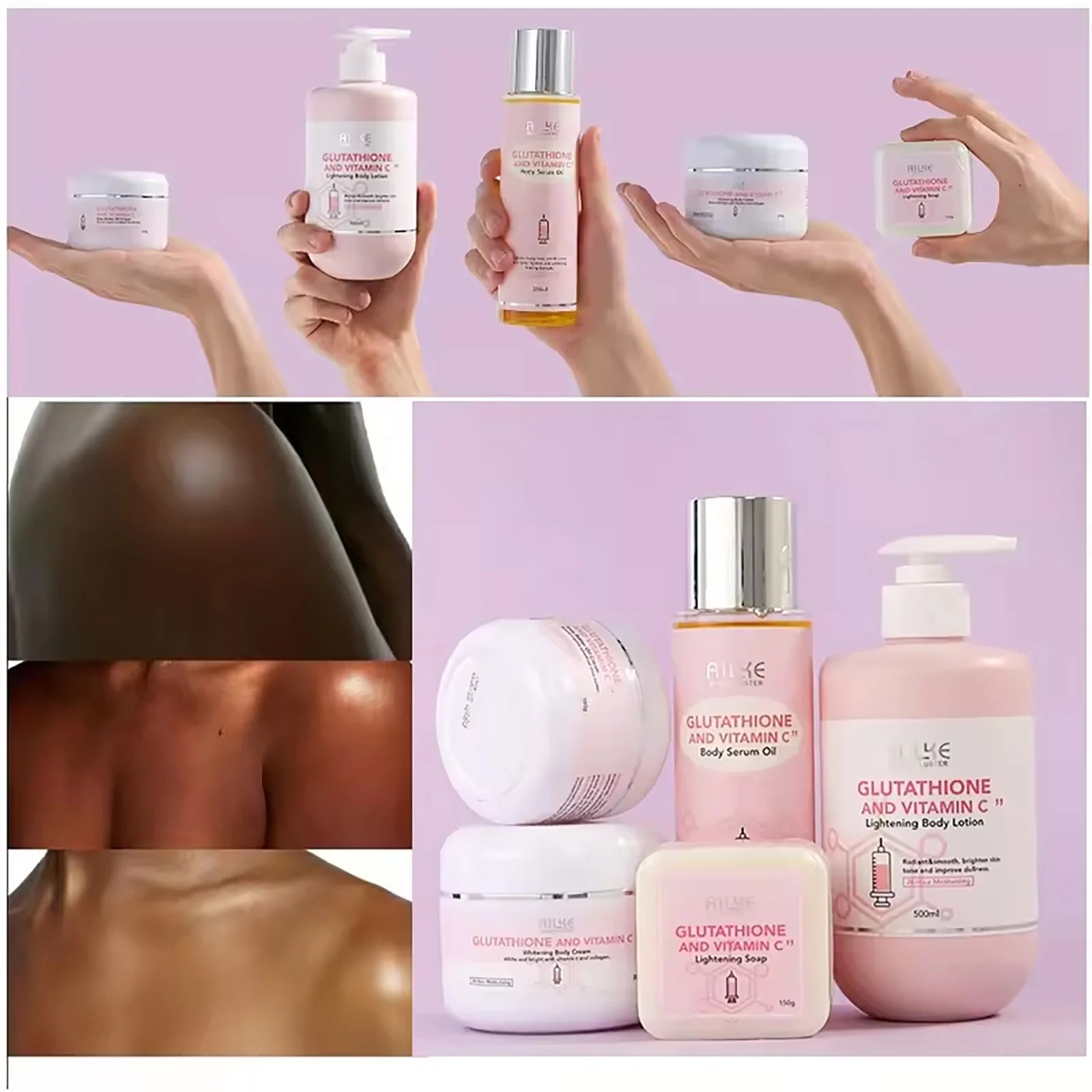 AILKE Glutathione & Vitamin C Kit,With Whitening Lotion,Moisturizing Cream,Lightening Soap, Spa Oil,Glowing Body Cream,Gift Set