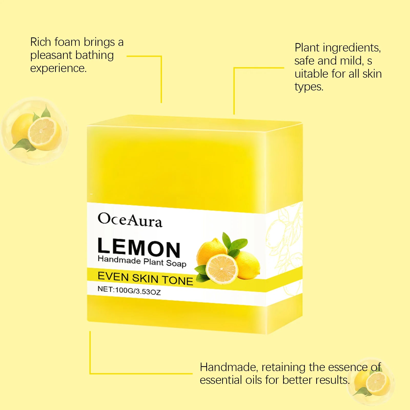 OCEAURA Luxury Lemon Handmade Essential Oil Soap Bar - Gentle Skin Cleansing Moisturizing & Brightening 3.35 OZ