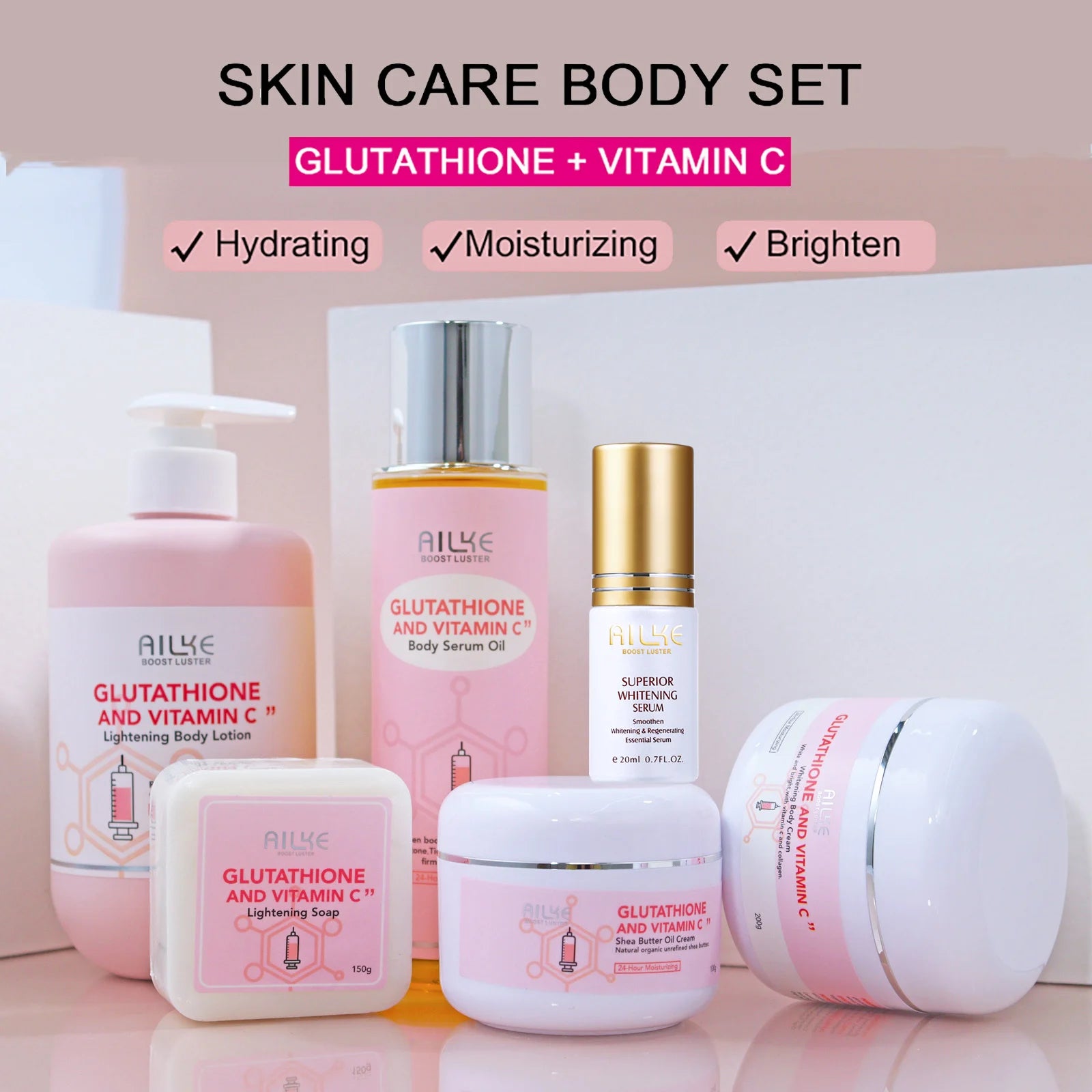 AILKE Glutathione & Vitamin C Kit,With Whitening Lotion,Moisturizing Cream,Lightening Soap, Spa Oil,Glowing Body Cream,Gift Set