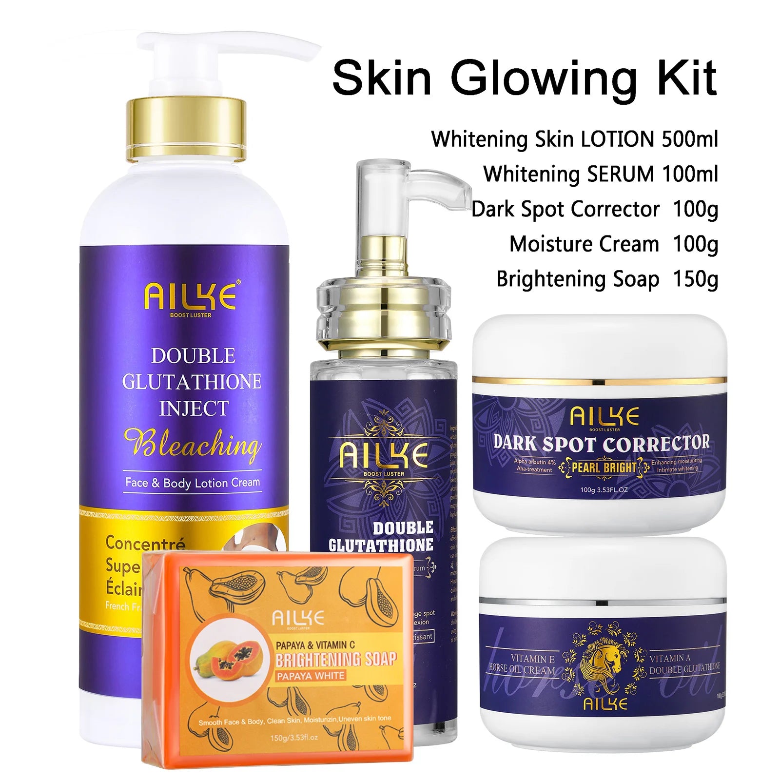 AILKE Glutathione 5-in-1 Women Skin Care Kit, With Body Lotion,  Serum, Dark Spot Removal Cream, Body Cream, Brightening Soap