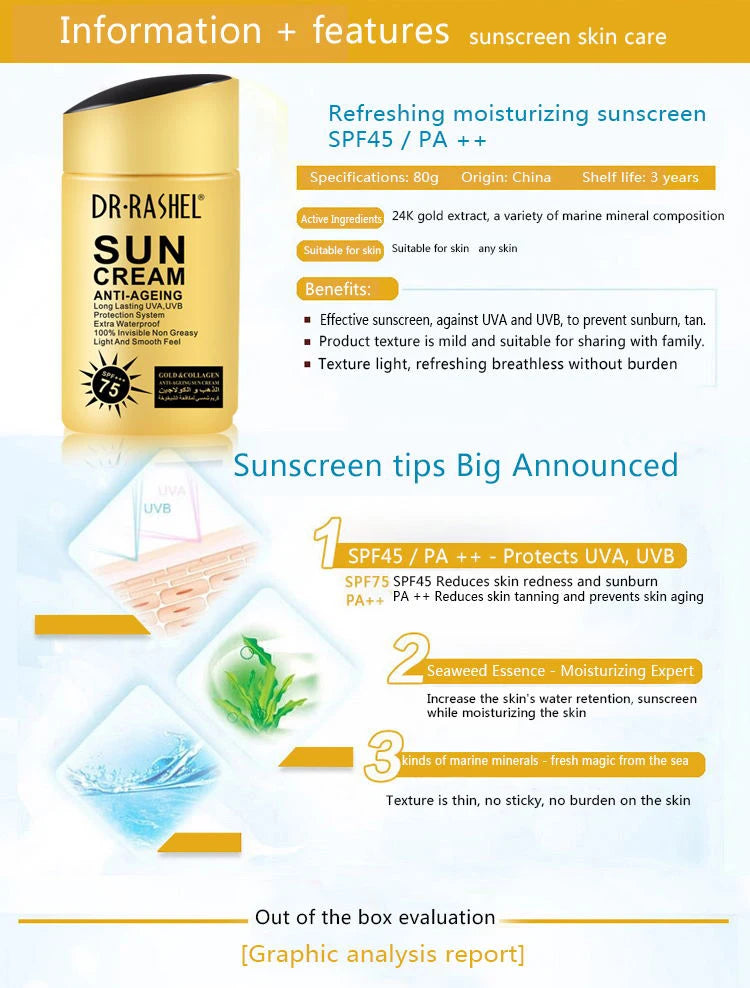 DR.RASHEL Sun Cream SPF100 75 60 PA+++ Anti-Aging UV Protector Waterproof Sunscreen Lotion Facial Body Sun Block Cream Cosmetics