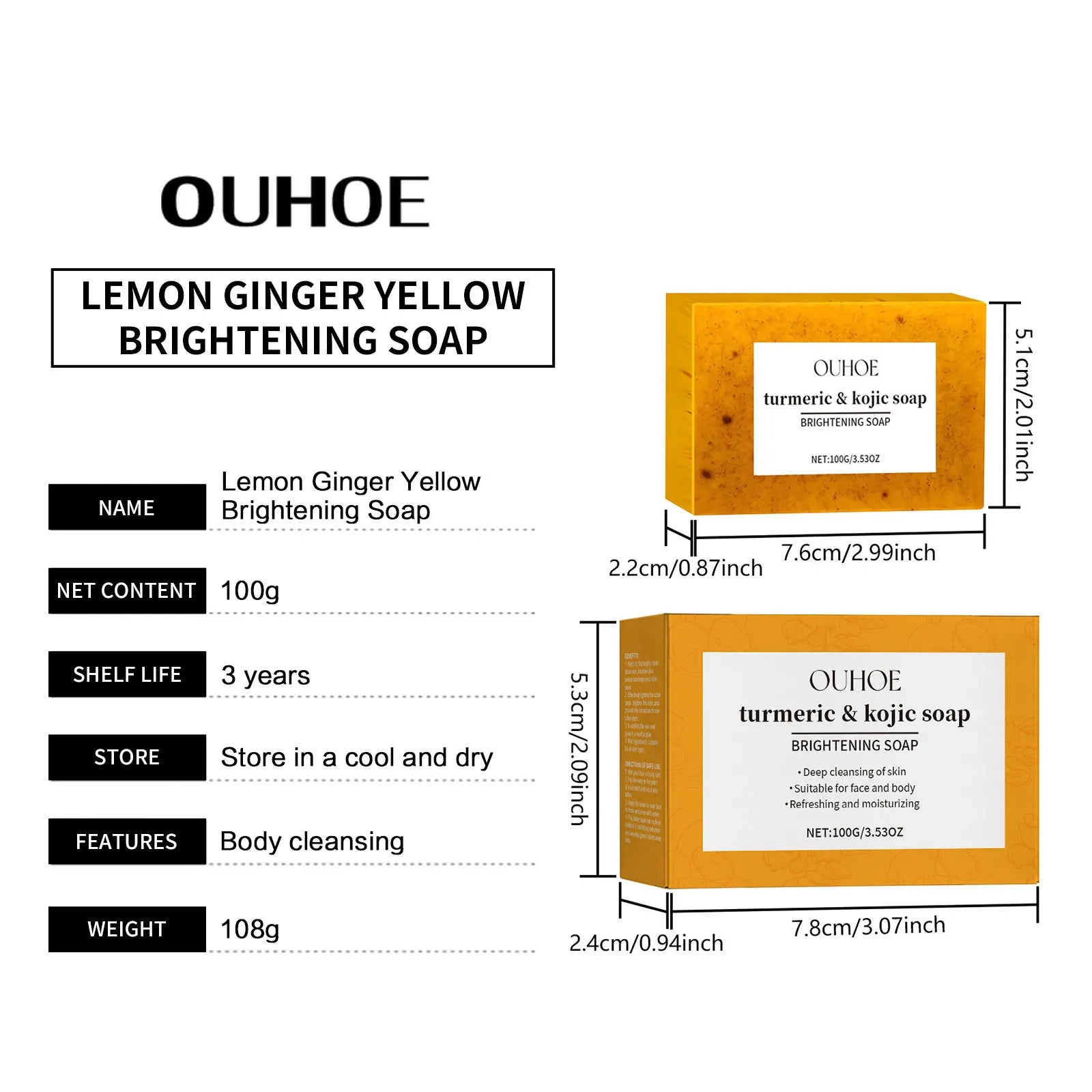 OUHOE Kojic Acid Turmeric Soap Face Deep Cleaning Even Skin Tone Skin Lightening Soap Moisturizer Skin Care Handmade Lemon Soap