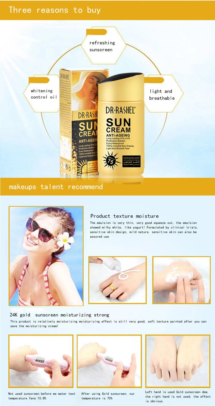 DR.RASHEL Sun Cream SPF100 75 60 PA+++ Anti-Aging UV Protector Waterproof Sunscreen Lotion Facial Body Sun Block Cream Cosmetics